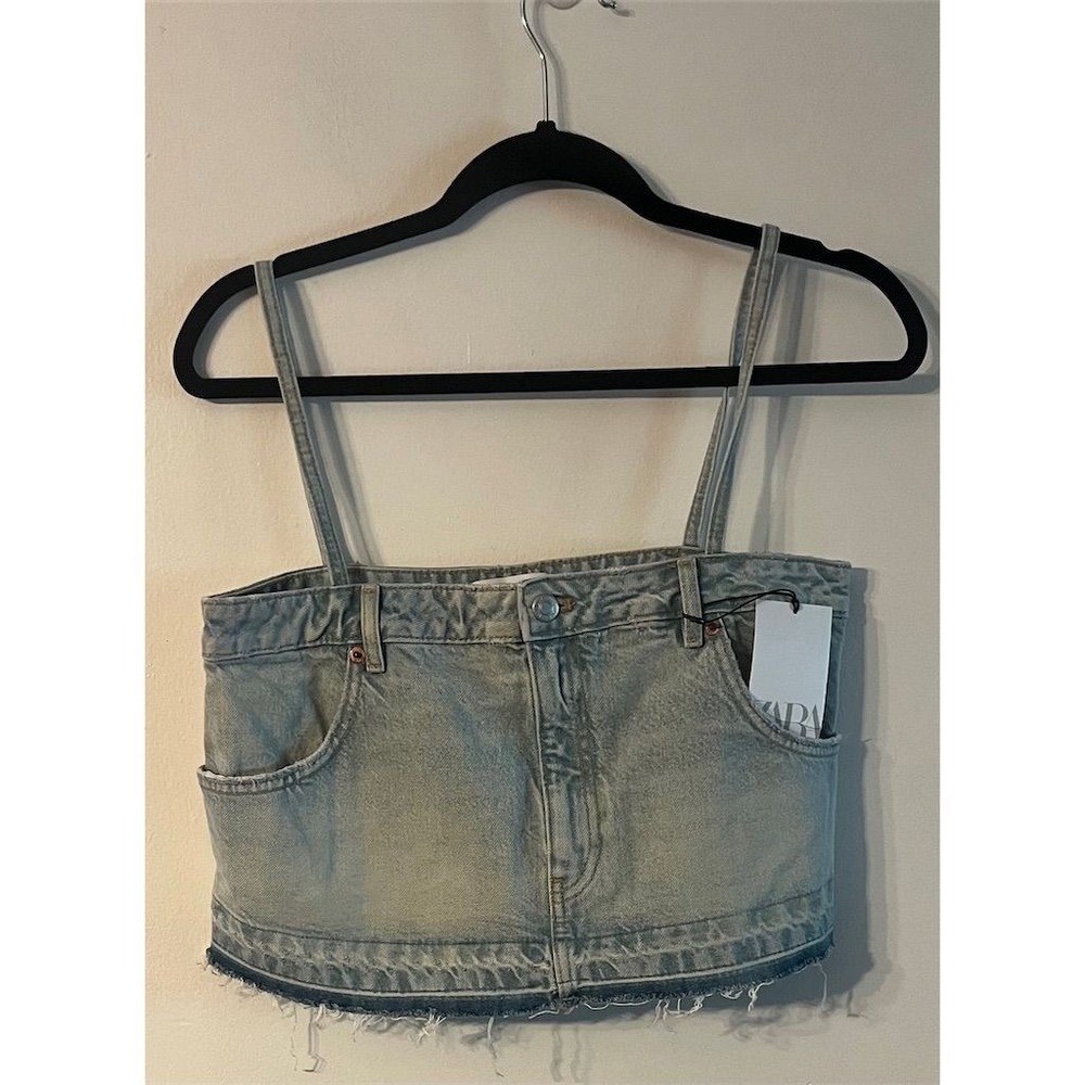 Zara Women's Cropped Denim Tank Top Blue Frayed Hem Size M NWT